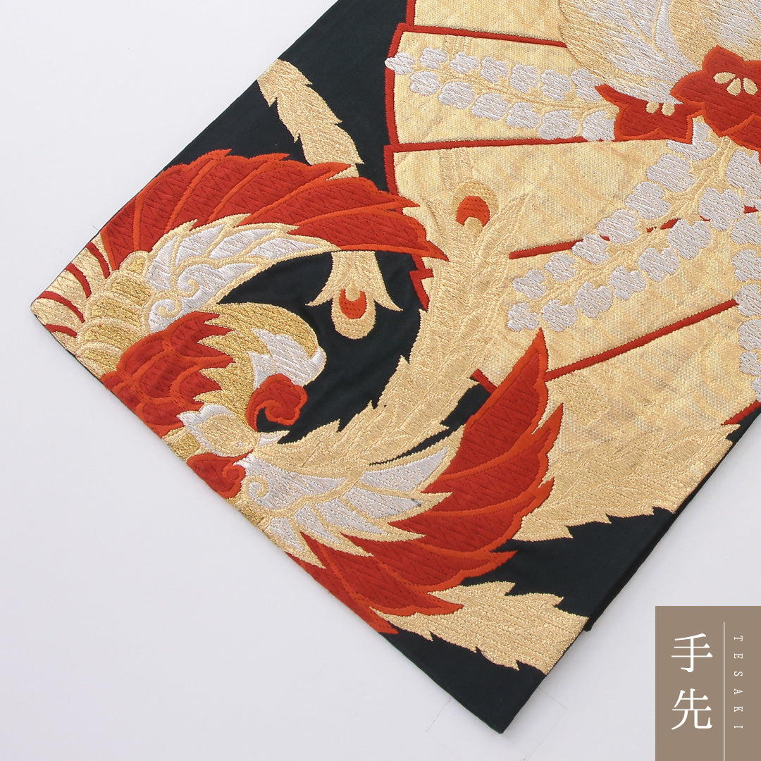 袋帯 帯丈424cm 正絹 六通 フォーマル 唐織 鳳凰 桐 黒系 金系 1243-02182