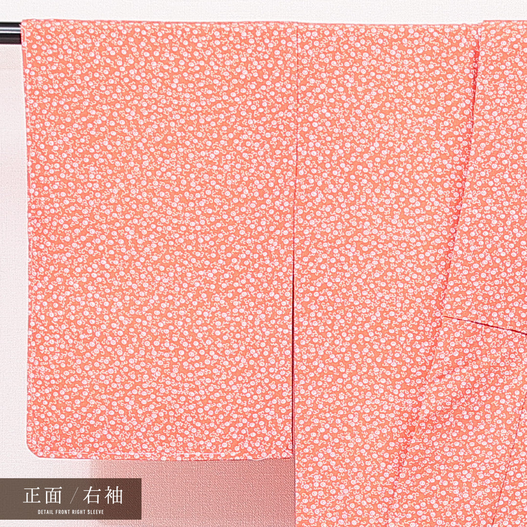 未使用品 洗える着物 小紋 袷 身丈157cm 裄丈59cm ポリエステル Nランク インフォーマル 広衿 Mサイズ しつけ糸 花柄 朱系 RP 1221-15063