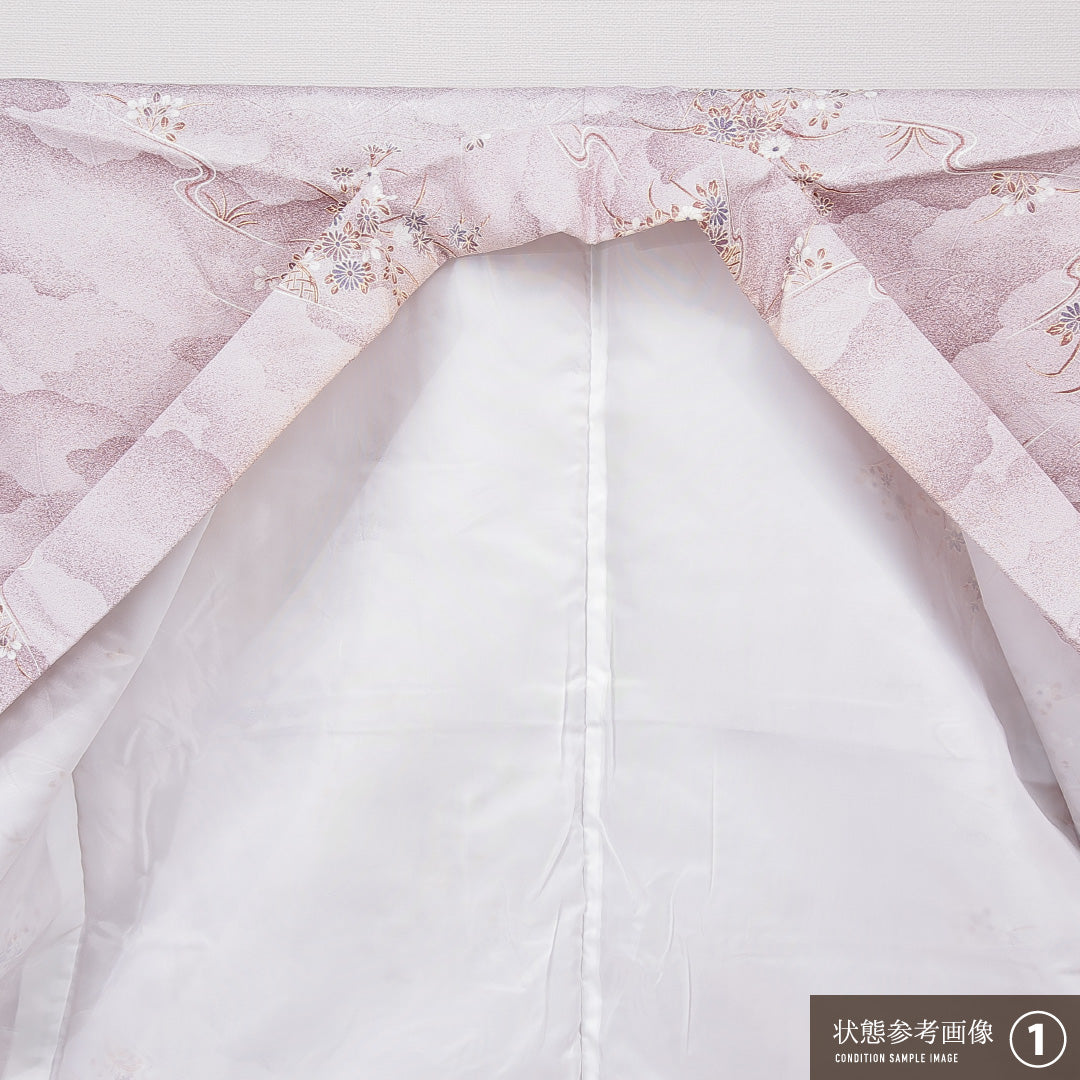 洗える着物 小紋 袷 身丈159cm 裄丈62cm ポリエステル Sランク インフォーマル バチ衿 Mサイズ 菊 紅葉 紫系 RP 1221-15829