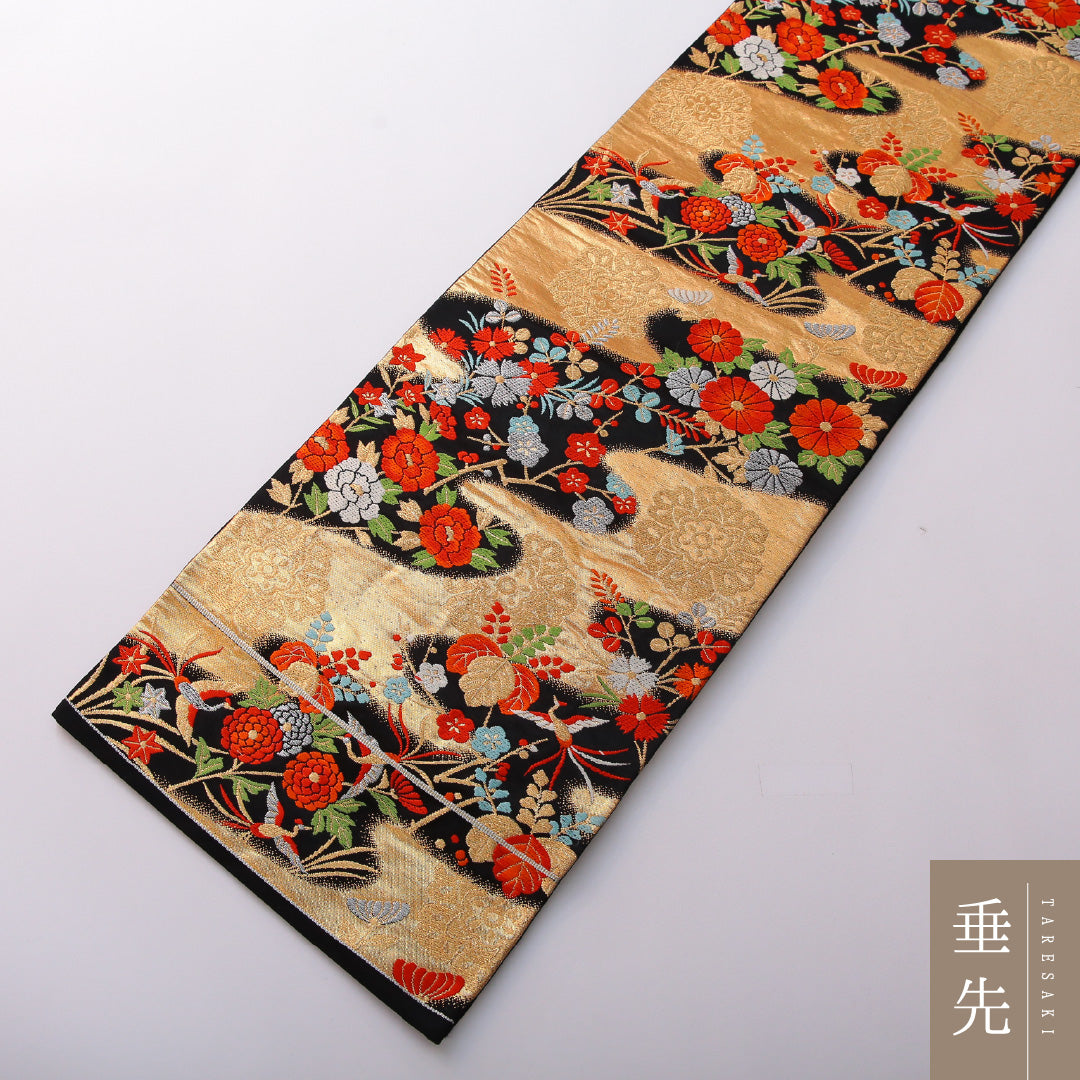 袋帯 帯丈414cm フォーマル 六通 Sランク 正絹 牡丹 桐 黒系 1223-01977