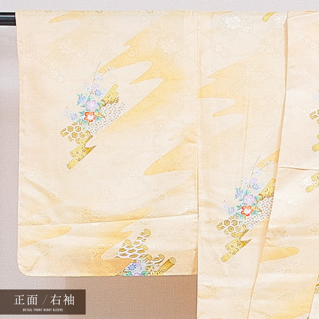 洗える着物 小紋 袷 身丈157cm 裄丈63cm ポリエステル Sランク インフォーマル 広衿 Mサイズ 吉祥文様 黄系 RP 1221-16331