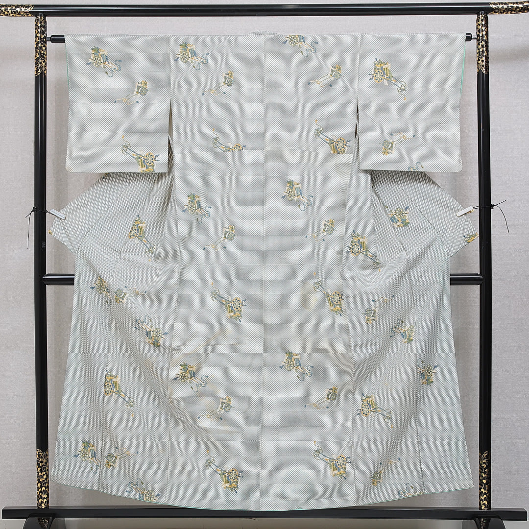 小紋 洗える着物 袷 身丈155cm 裄丈62cm ポリエステル Cランク Mサイズ 広衿 インフォーマル 御所車 亀甲 クリーム系 1215-16091