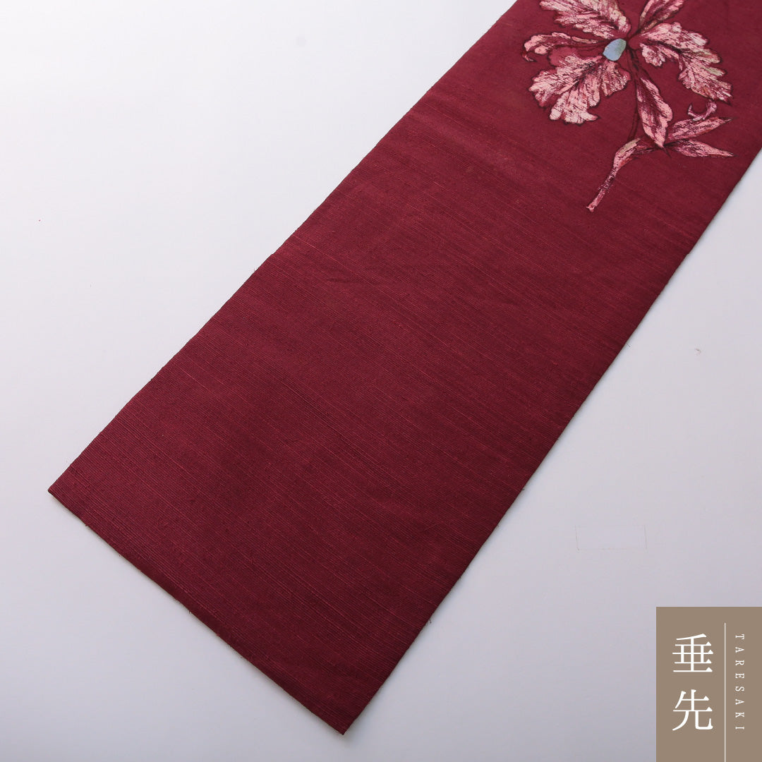 九寸名古屋帯 Cランク 帯丈362cm 正絹 ポイント柄 名古屋仕立て 織り カジュアル 紬 花柄 赤の混ざったくすんだ紫系 RP 1245-03404