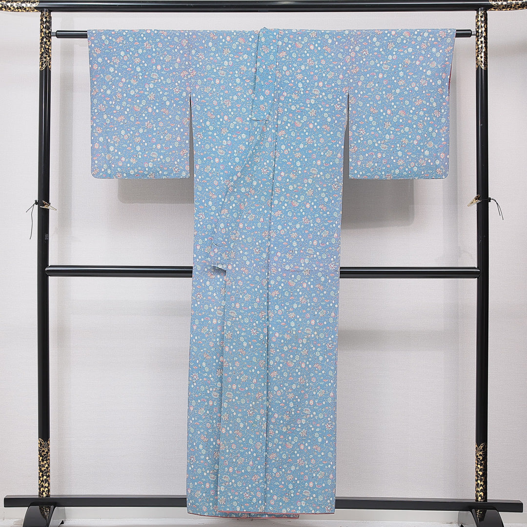 小紋 袷 身丈156cm 裄丈64cm 正絹 Sランク インフォーマル バチ衿 Mサイズ 唐華 水色系 RP 1221-15896