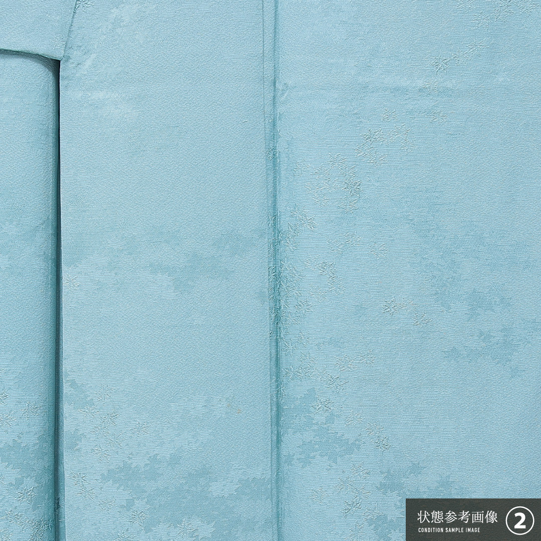 色無地 袷 身丈157cm 裄丈64cm 正絹 Bランク Mサイズ 広衿 一つ紋（橘） セミフォーマル 紋意匠 紅葉 無地 水色系 1214-15670