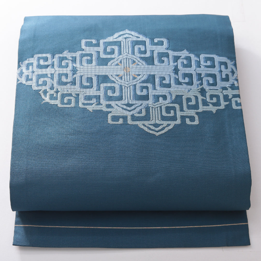 九寸名古屋帯 帯丈356cm カジュアル 名古屋仕立て ポイント柄 Bランク 正絹 創作柄 青系 1224-03836