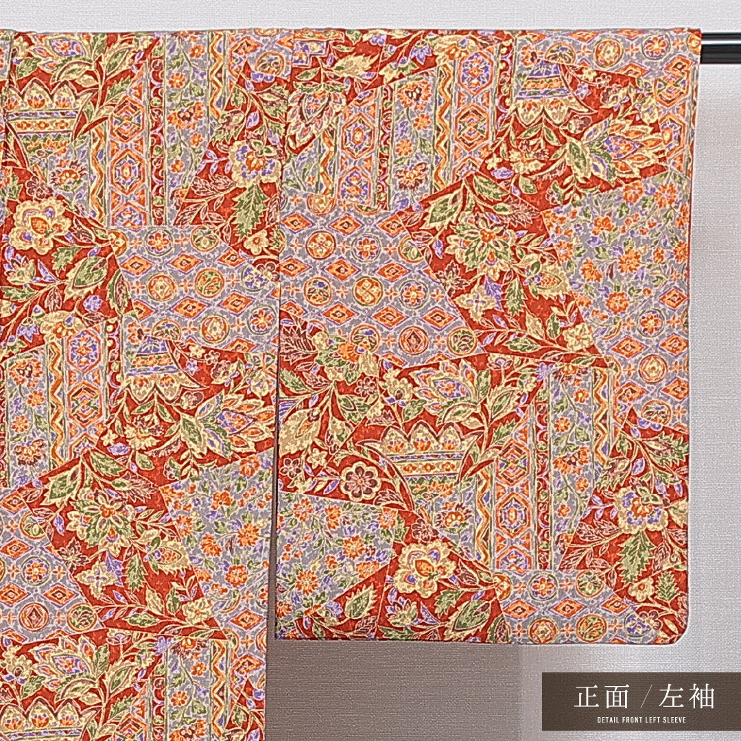 洗える着物 小紋 袷 身丈165cm 裄丈63cm ポリエステル Sランク インフォーマル 広衿 XLサイズ 花柄 赤系 RP 1221-16240