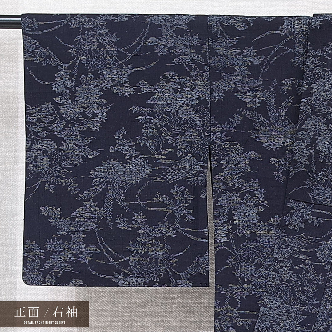 紬 単衣 身丈158cm 裄丈63cm 正絹 Sランク カジュアル 広衿 Mサイズ 植物柄 紺系 RP 1223-15336