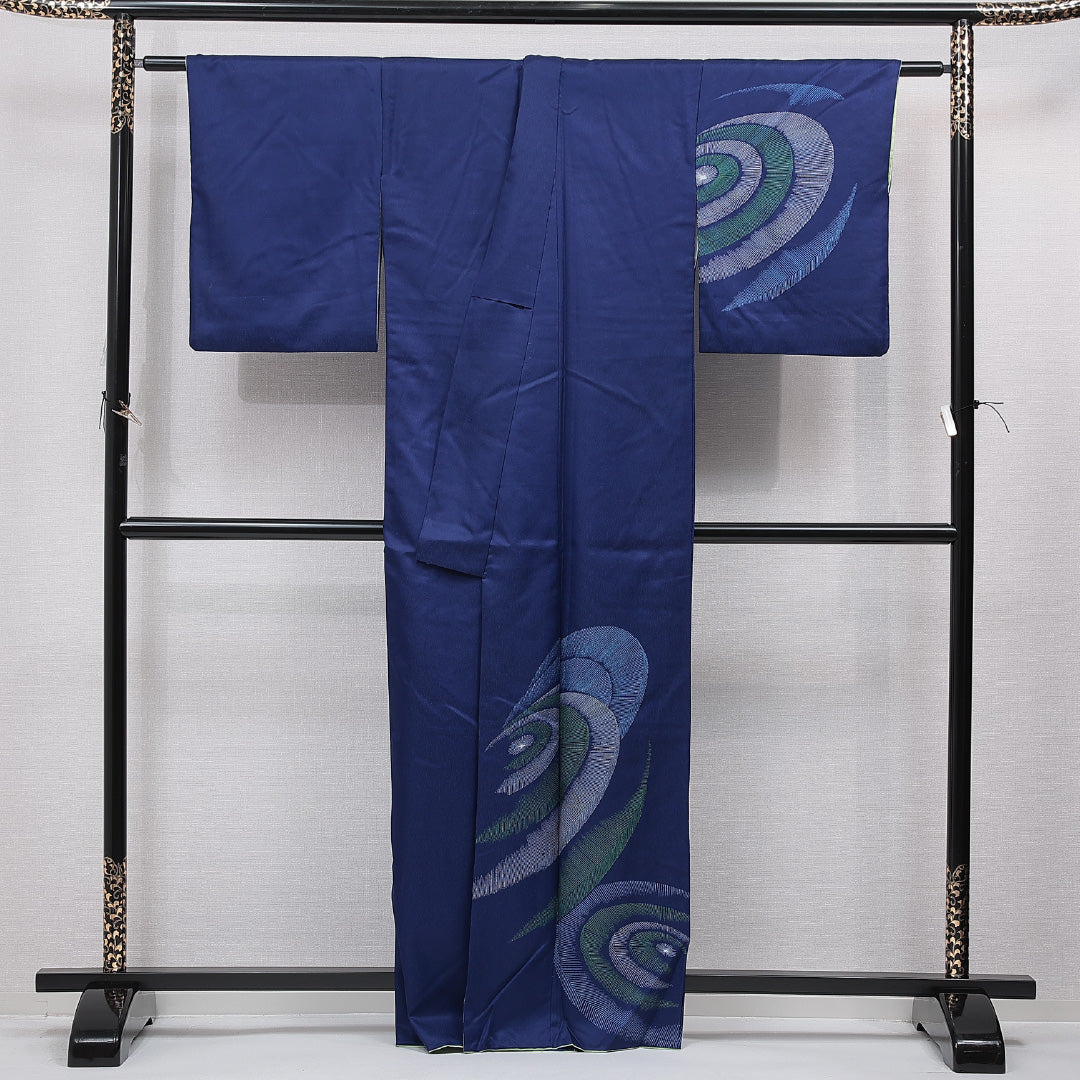 洗える着物 付下げ 袷 身丈163cm 裄丈64cm ポリエステル Aランク インフォーマル 広衿 Lサイズ 幾何学柄 青系 RP 1218-15504