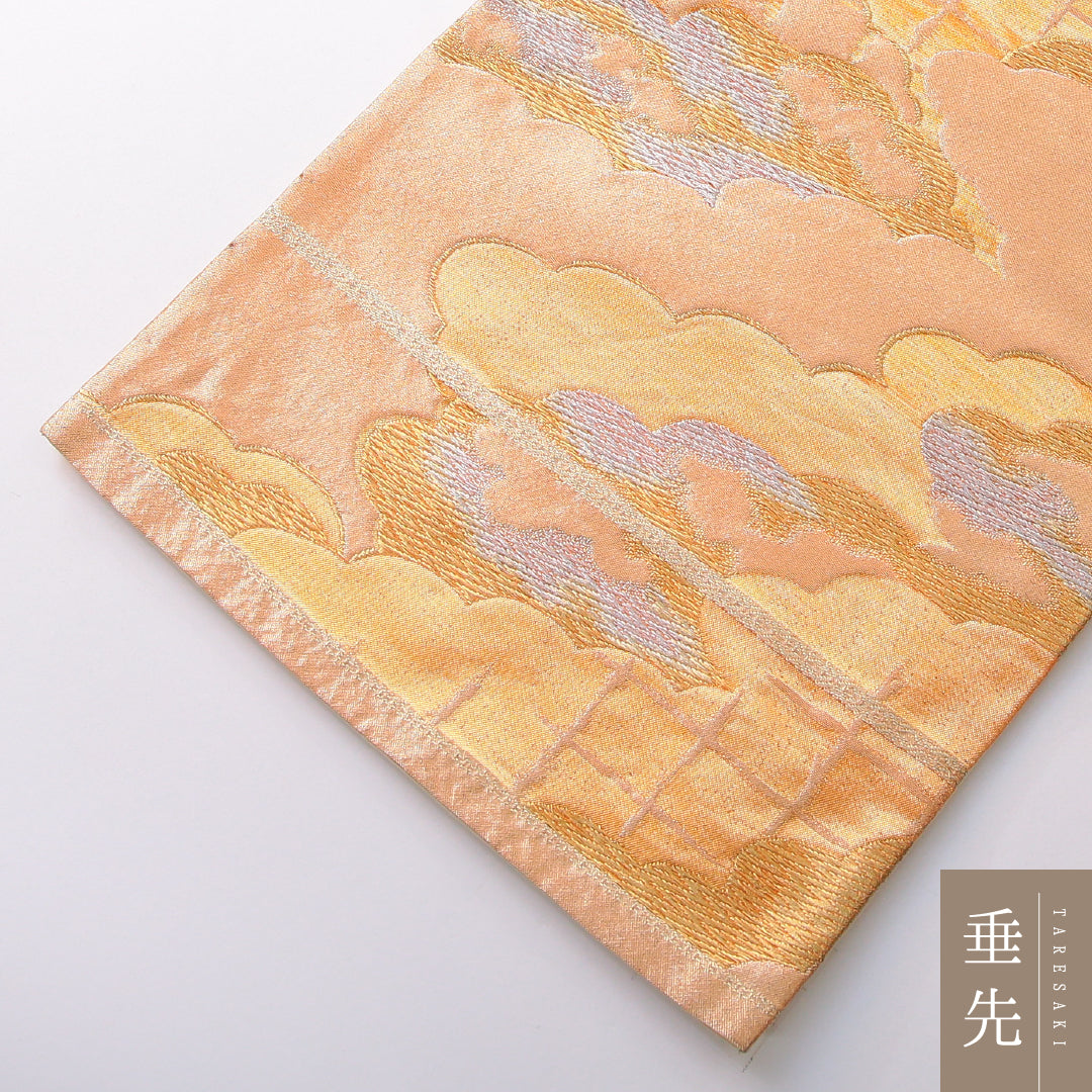 袋帯 帯丈400cm 正絹 六通 フォーマル 雲取り 吉祥文様 金系 朱系 1243-02122