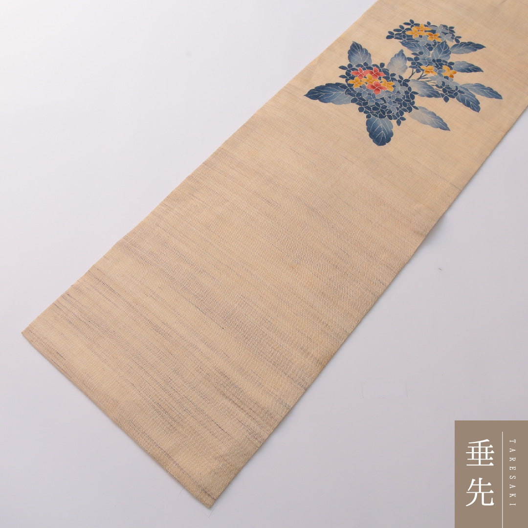 九寸名古屋帯（紬） 帯丈381cm カジュアル 名古屋仕立て ポイント柄 Cランク 正絹 紫陽花 クリーム系 1224-03255