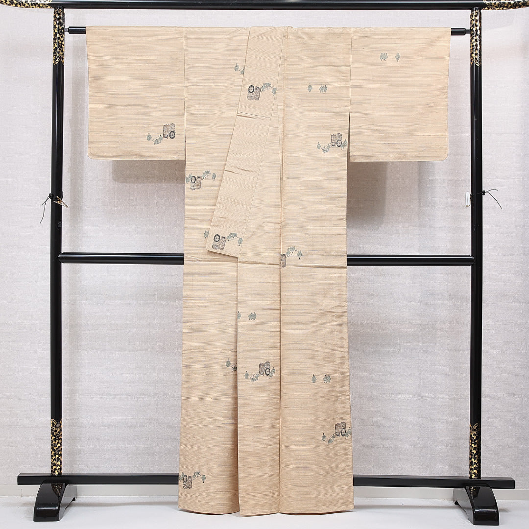 紬 単衣 身丈161cm 裄丈64cm 正絹 Aランク カジュアル 広衿 Lサイズ 肩当て 御所車 人物 ベージュ系 RP 1223-15534