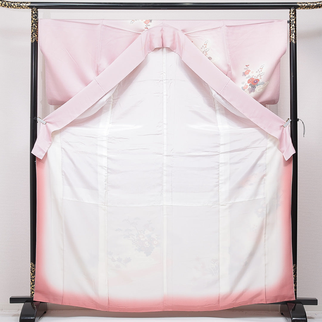 訪問着 袷 身丈167cm 裄丈66cm 正絹 Cランク セミフォーマル 広衿 XLサイズ 菊 吉祥文様 ピンク系 HP 1217-15741