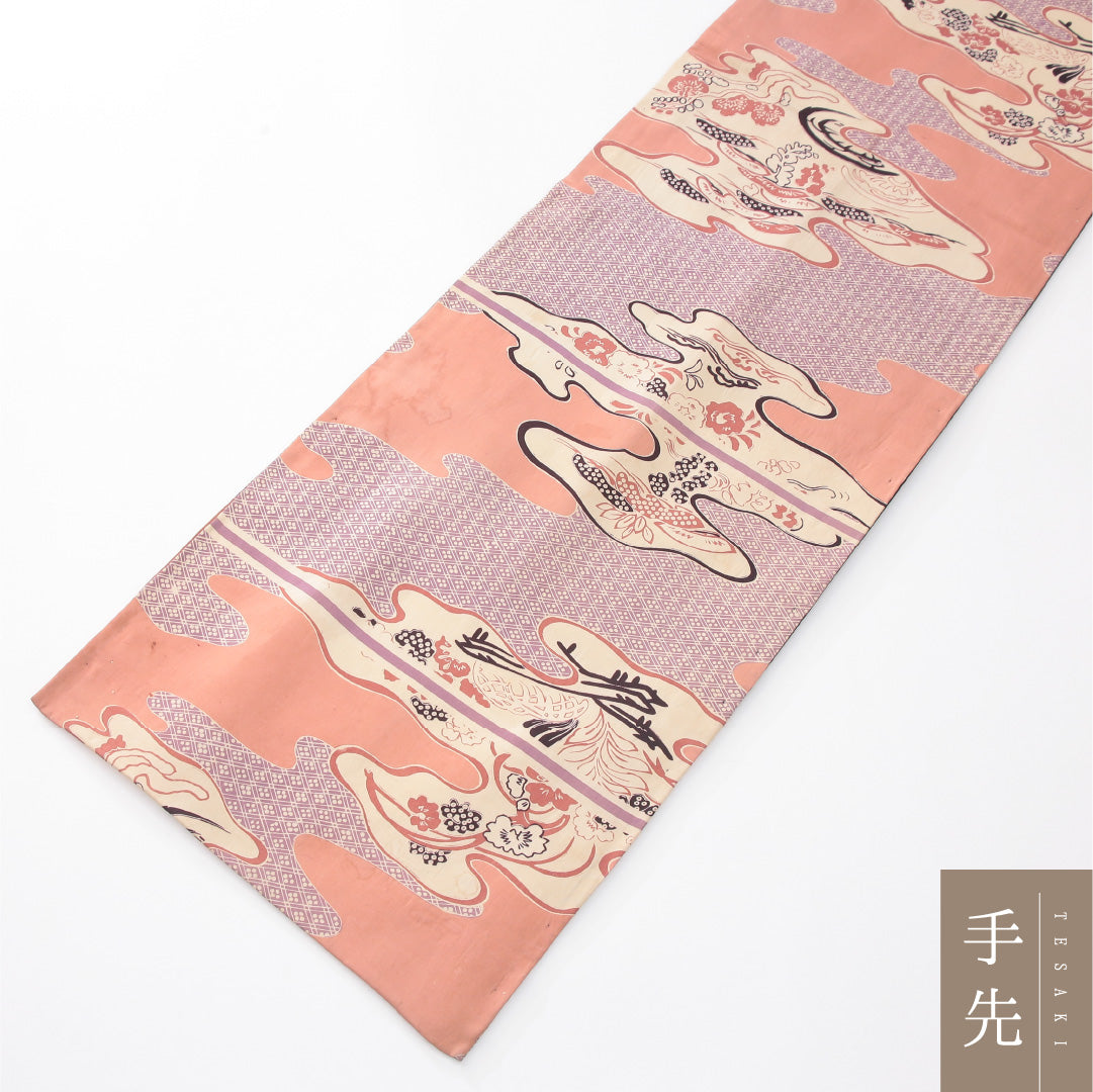 アンティーク 九寸名古屋帯 帯丈378cm 開き仕立て 全通 Aランク 正絹 染め帯 吉祥文様 道長取り ピンク系 1224-04175