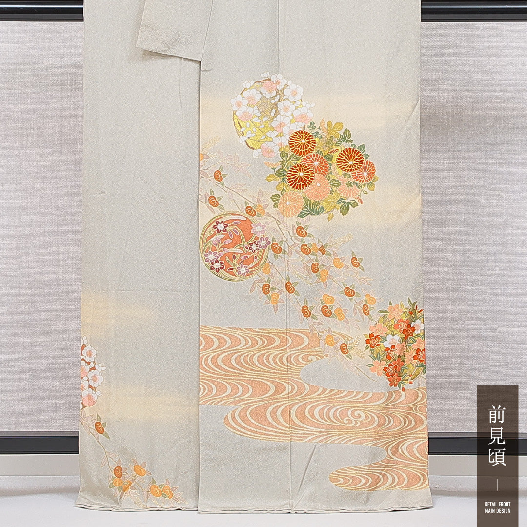 色留袖 袷 身丈162cm 裄丈67cm 一つ紋 セミフォーマル Sランク Lサイズ 正絹 広衿 菊 金駒刺繍 1211-F0653