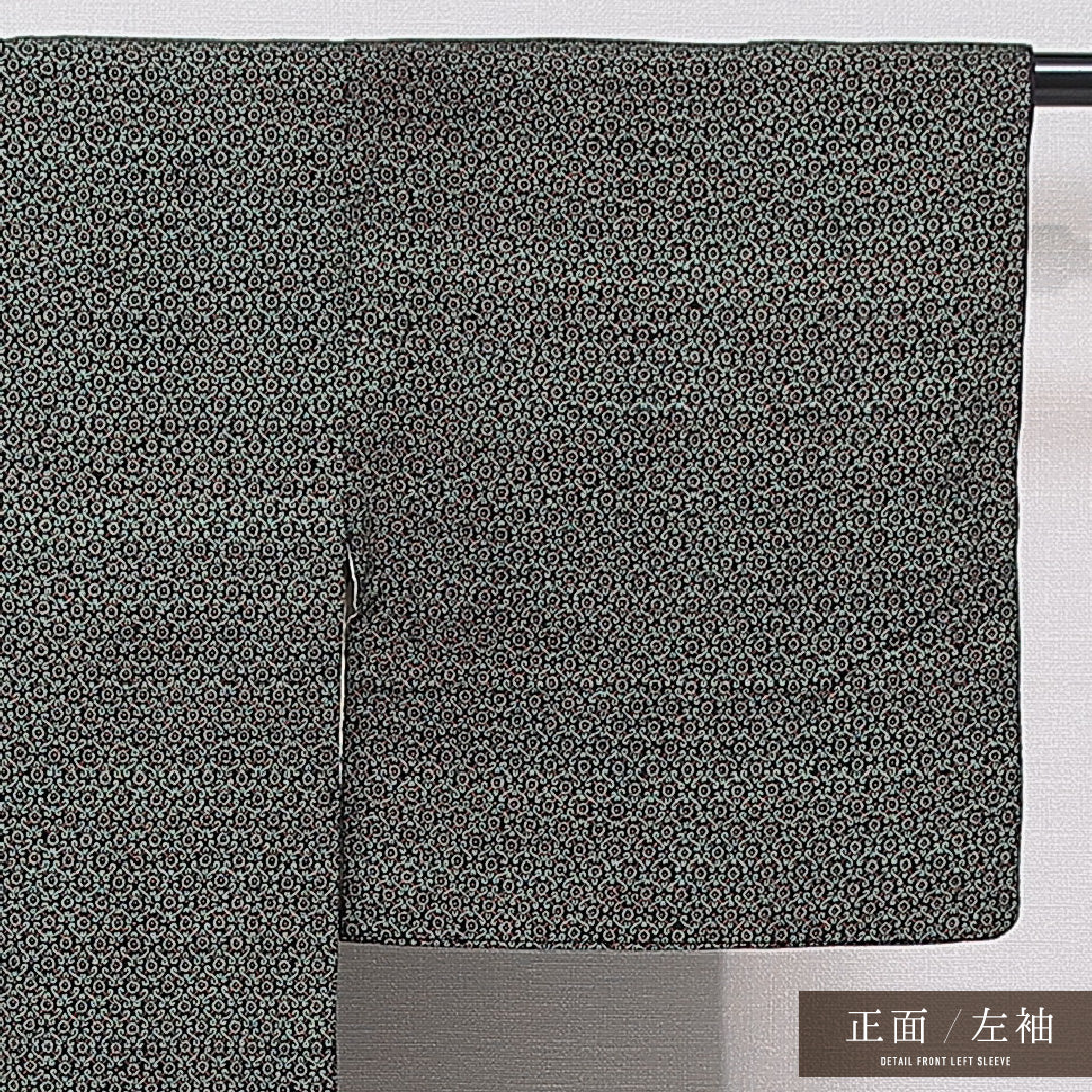 アンティーク 小紋 袷 身丈148cm 裄丈60cm 正絹 Cランク XSサイズ バチ衿 創作柄 緑系 1215-15684