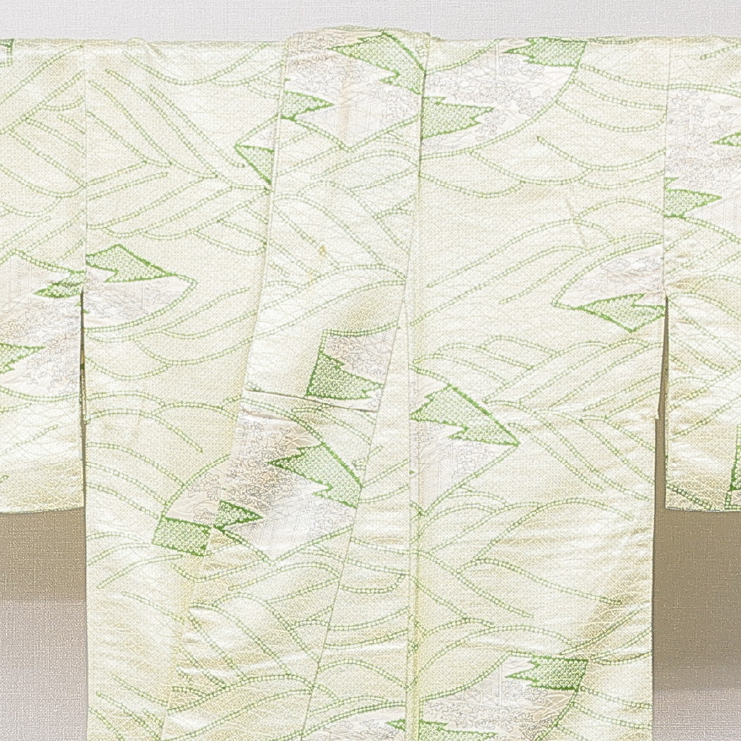 小紋 洗える着物 袷 身丈153cm 裄丈61cm ポリエステル Bランク Sサイズ 広衿 インフォーマル 古典柄 緑系 1215-15805