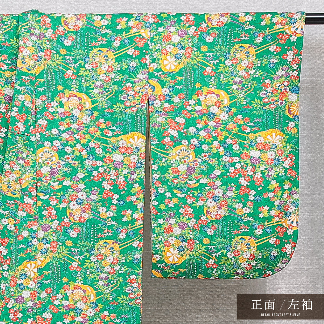 小紋 袷 身丈164cm 裄丈62cm 正絹 Sランク インフォーマル バチ衿 Lサイズ 花車 緑系 RP 1221-15342