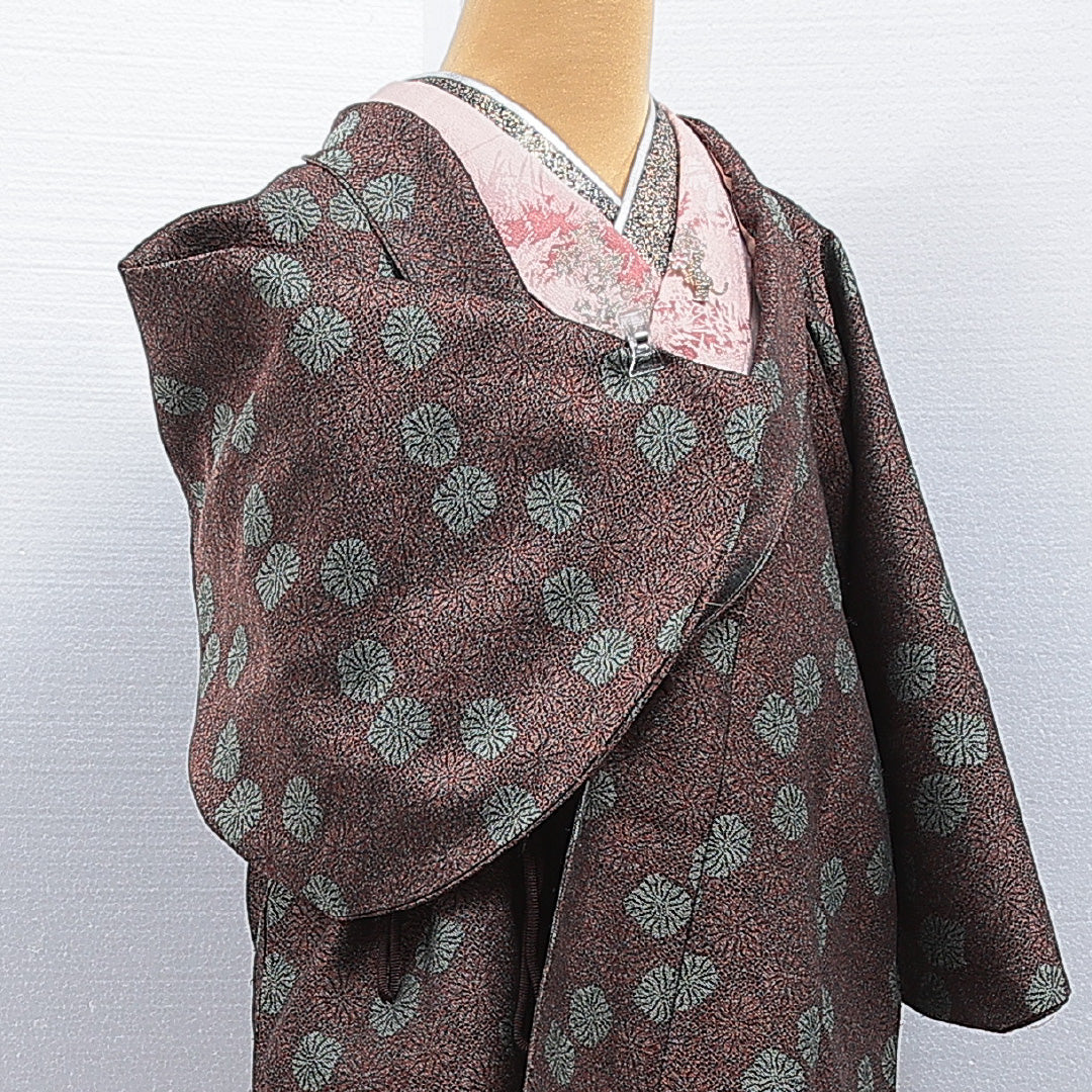道中着（紬） 袷 身丈70cm 裄丈63cm 正絹 Sランク Sサイズ カジュアル 創作柄 茶系 1264-16152