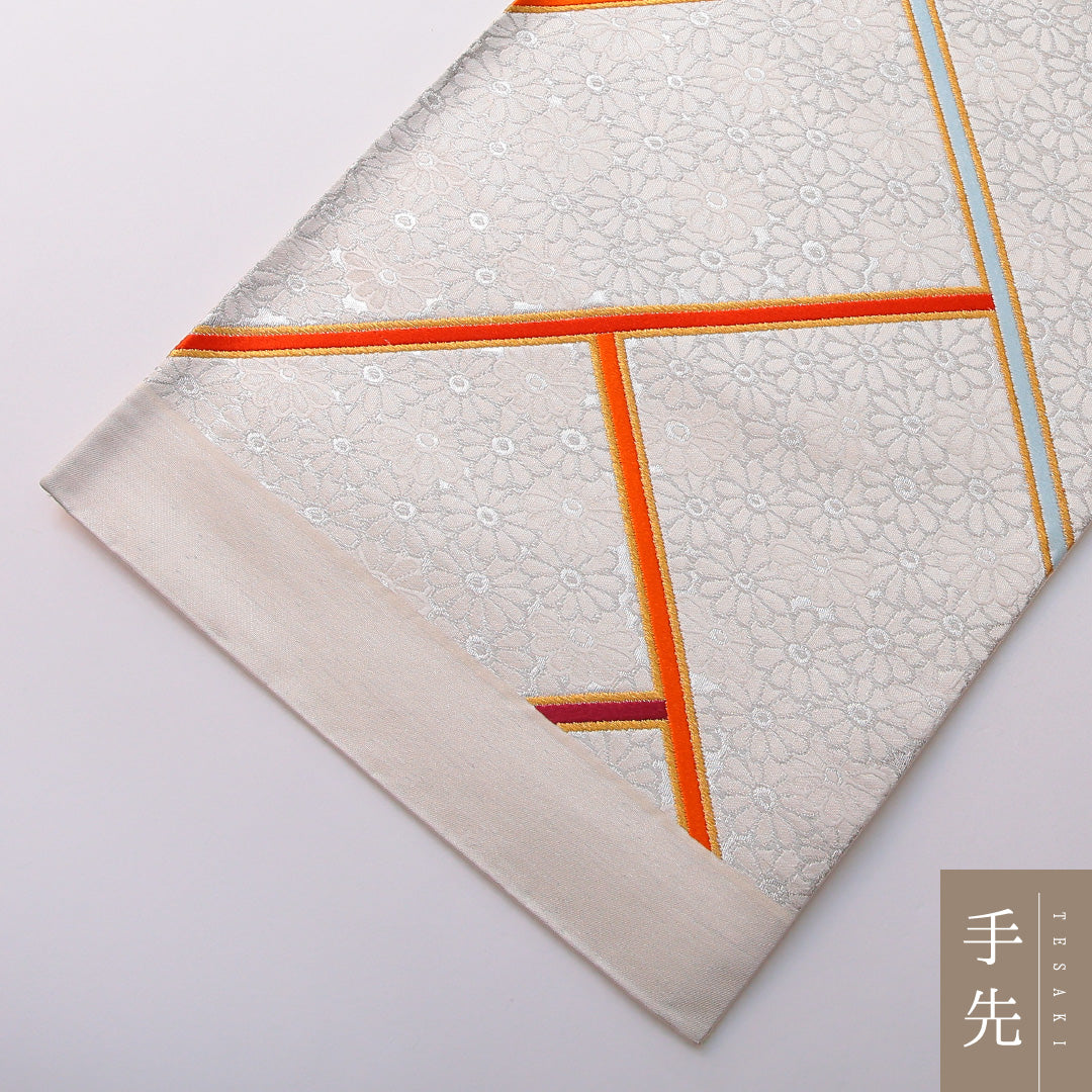 袋帯 帯丈450cm フォーマル 六通 Sランク 正絹 菊 銀系 1223-01980