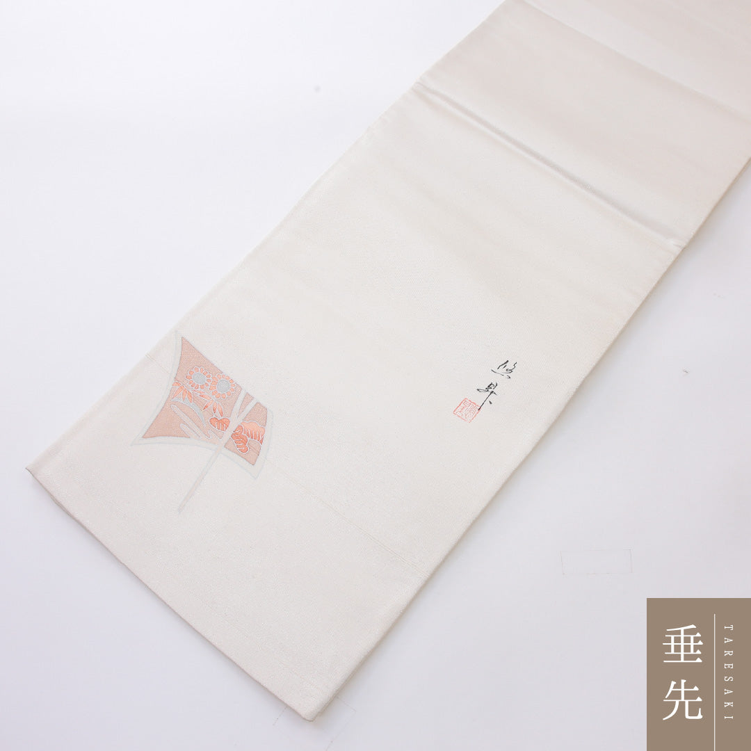 袋帯 帯丈416cm 正絹 ポイント柄 帯芯なし セミフォーマル 色紙 四季草花 作家物 落款 白系 1243-02209