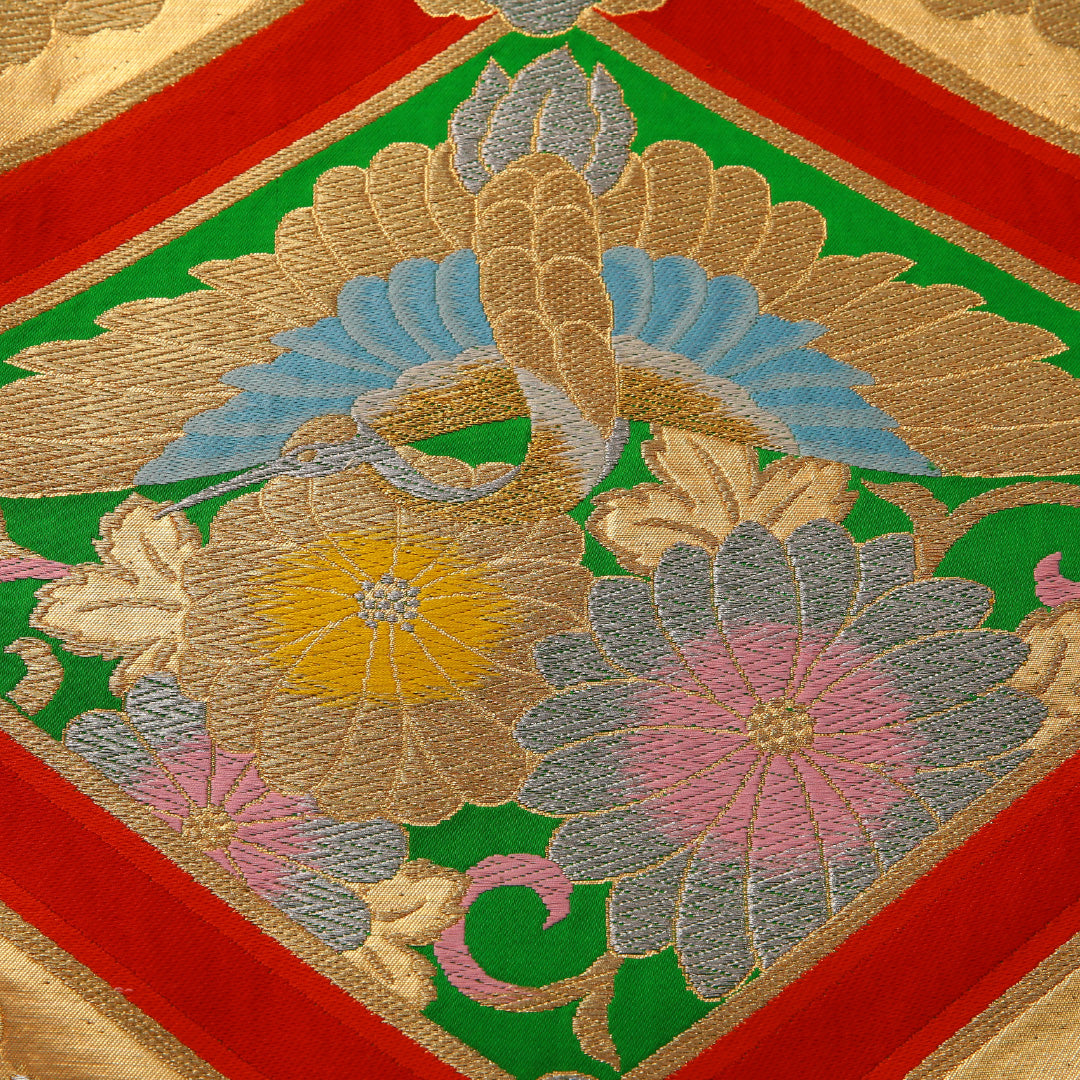 袋帯 帯丈408cm フォーマル 六通 Sランク 正絹 鶴 菊 緑系 金系 1223-01893