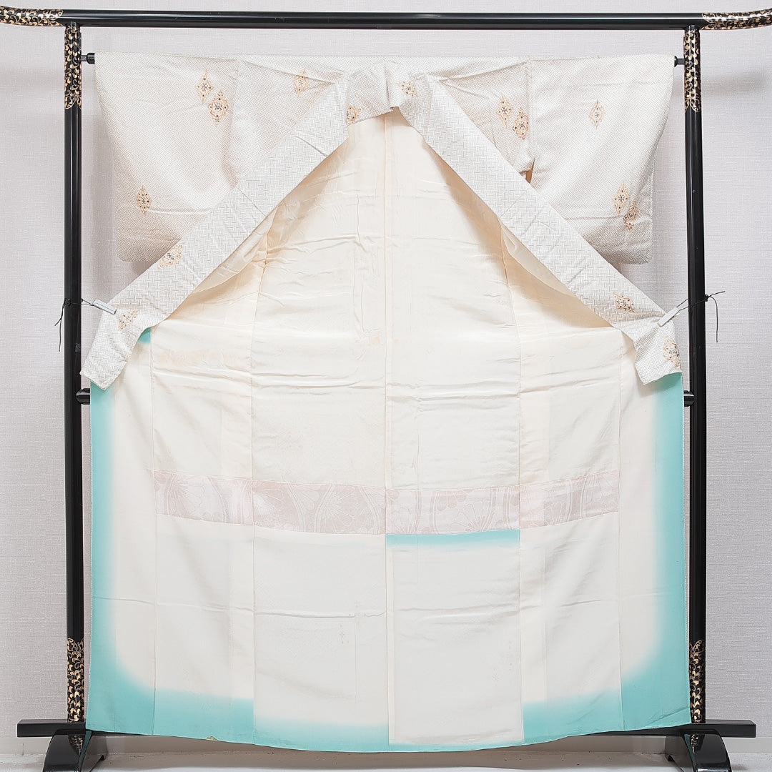 小紋 袷 身丈166cm 裄丈64cm 正絹 Cランク インフォーマル 広衿 XLサイズ 網代 創作柄 クリーム系 HP 1221-15928