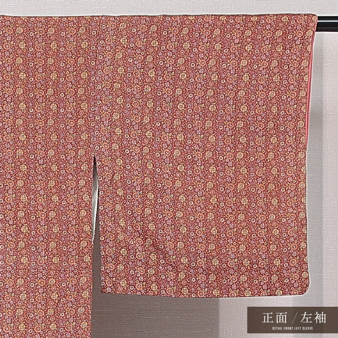 小紋 袷 身丈159cm 裄丈63cm 正絹 Aランク インフォーマル 広衿 Mサイズ 唐草 菊 茶系 RP 1221-15334