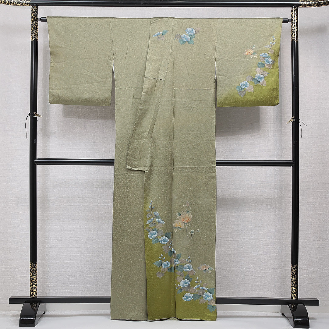 訪問着 袷 身丈161cm 裄丈67cm 正絹 Cランク Lサイズ 広衿 セミフォーマル 牡丹 緑系 1212-15660