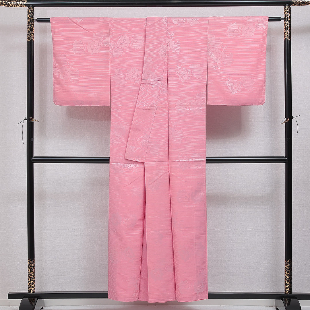 色無地 洗える着物 袷 身丈153cm 裄丈63cm ポリエステル Aランク Sサイズ 広衿 インフォーマル 薔薇 ピンク系 1214-16093