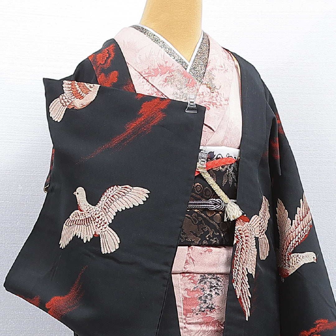 アンティーク 羽織 袷 身丈82cm 裄丈62cm 正絹 Cランク Sサイズ 紐あり 鳩 黒系 RP 1232-16447