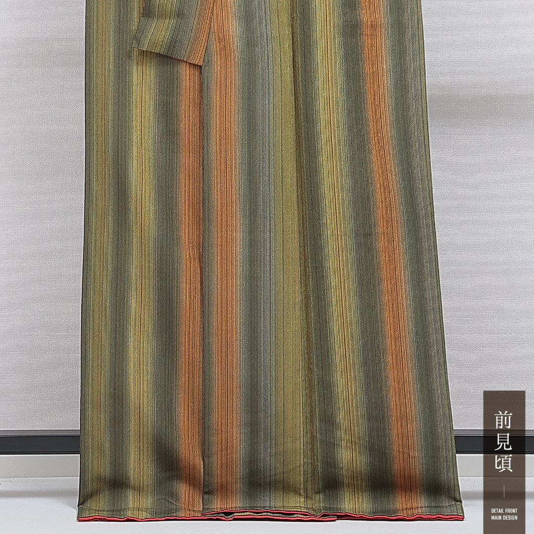 洗える着物 小紋 袷 身丈171cm 裄丈68cm ポリエステル Aランク インフォーマル 広衿 2XLサイズ 縞 緑系 RP 1221-16358