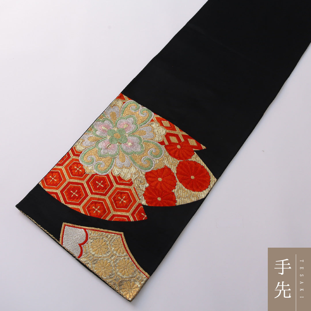 袋帯 帯丈400cm 正絹 六通 フォーマル 扇面文 宝相華 吉祥文様 黒系 金系 1243-01949
