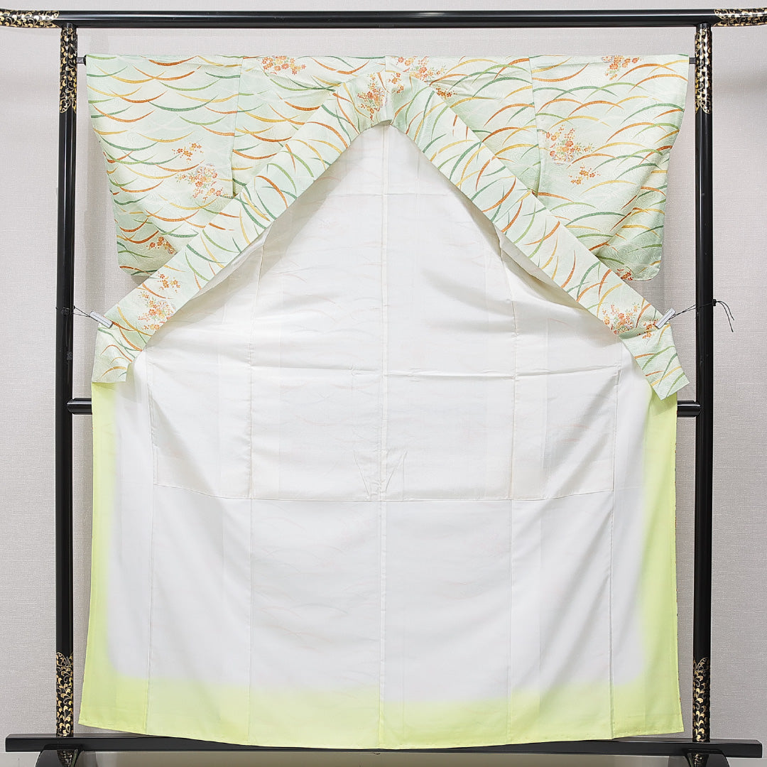 小紋 洗える着物 袷 身丈162cm 裄丈61cm ポリエステル Bランク Lサイズ 広衿 インフォーマル 源氏車 菊 緑系 1215-15806