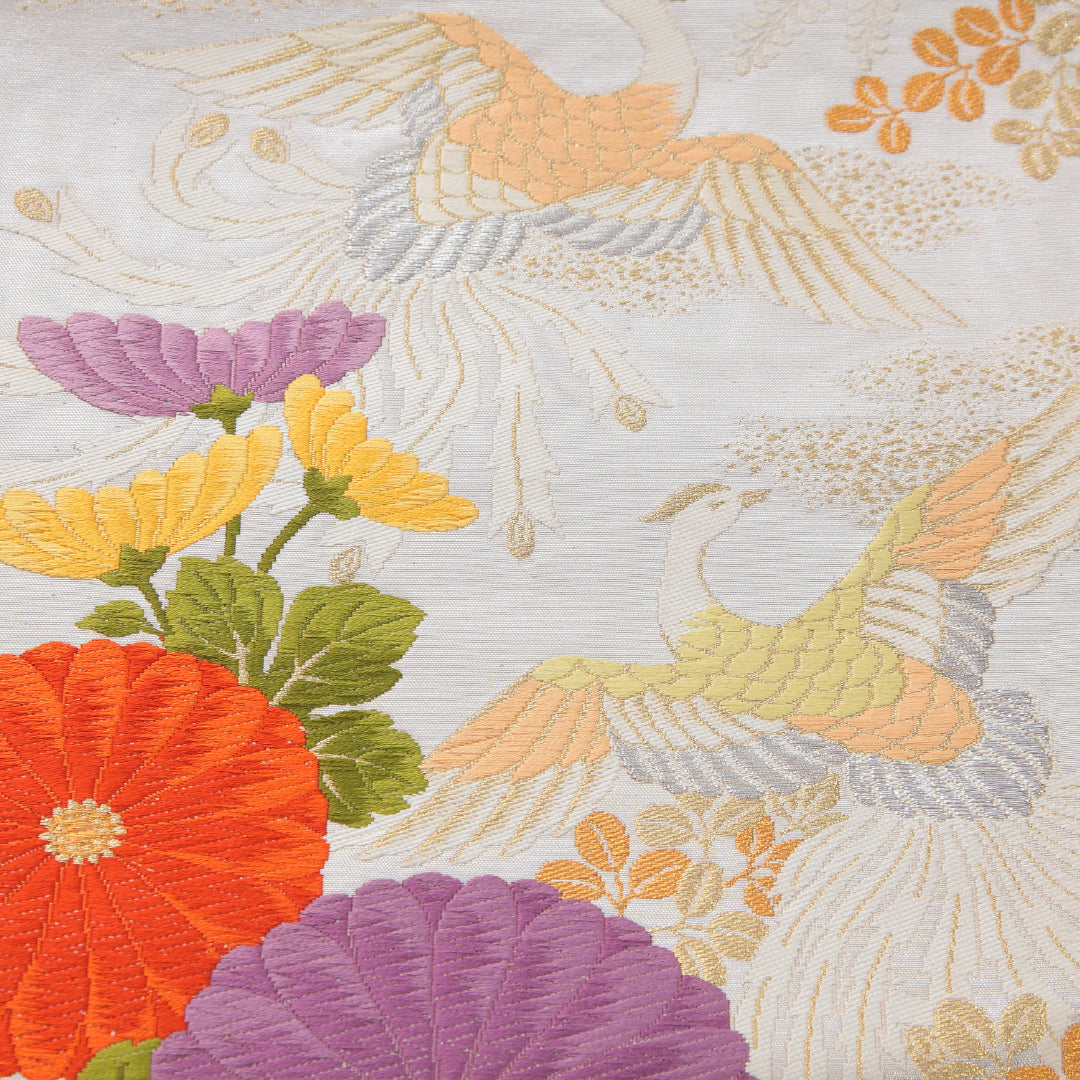 袋帯 帯丈424cm 正絹 六通 フォーマル 唐織 花喰鳥 菊 クリーム系 1243-02310