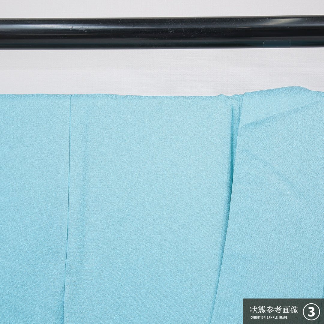 色無地 袷 身丈151cm 裄丈61cm 正絹 Aランク Sサイズ 広衿 一つ紋（五三桐） セミフォーマル 紋意匠 菊 無地 水色系 1214-15900