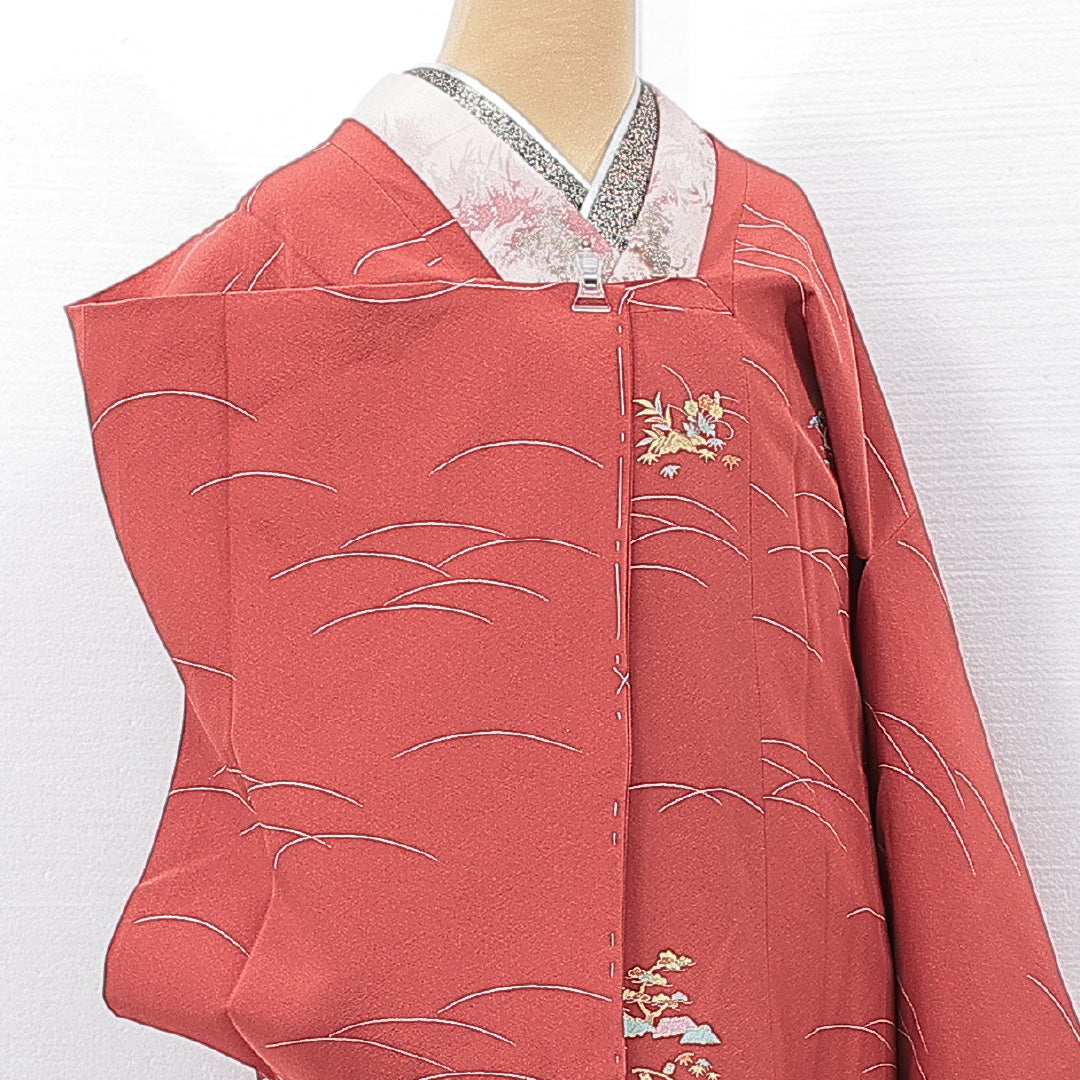 道行コート 袷 身丈87cm 裄丈65cm 正絹 Sランク Mサイズ フォーマル ポケットあり 松 赤系 朱系 1263-15129