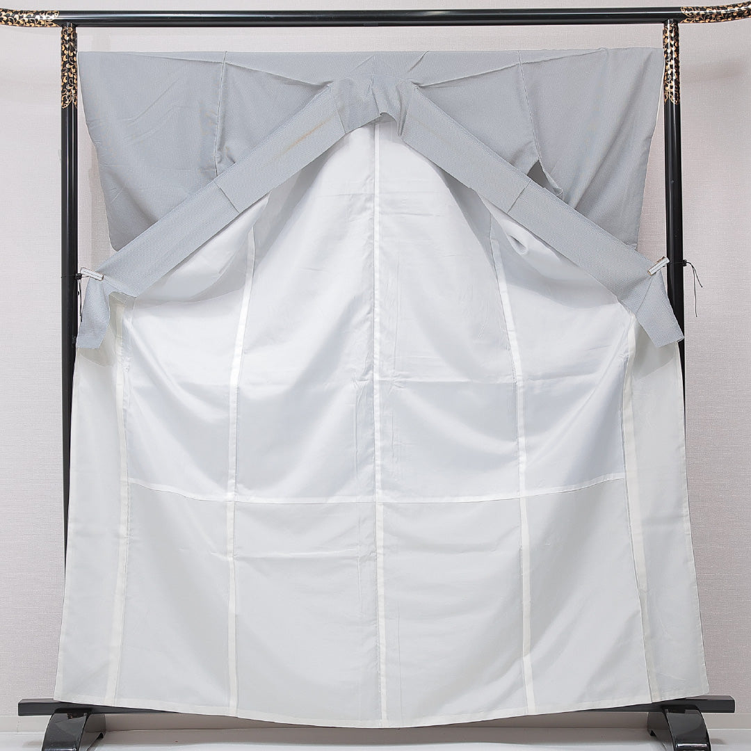 紬 洗える着物 袷 身丈168cm 裄丈67cm ポリエステル Cランク XLサイズ 広衿 カジュアル 縞 グレー系 1216-15193