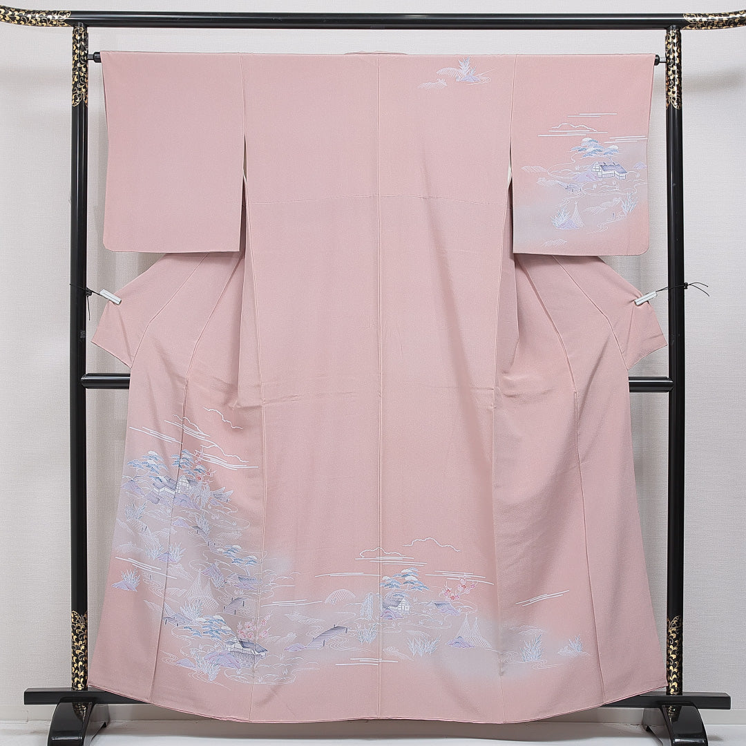 訪問着 袷 身丈161cm 裄丈64cm 正絹 Cランク セミフォーマル 広衿 Lサイズ ぼかし 茶屋辻 古典的 しとやか ピンク系 RP 1217-16045