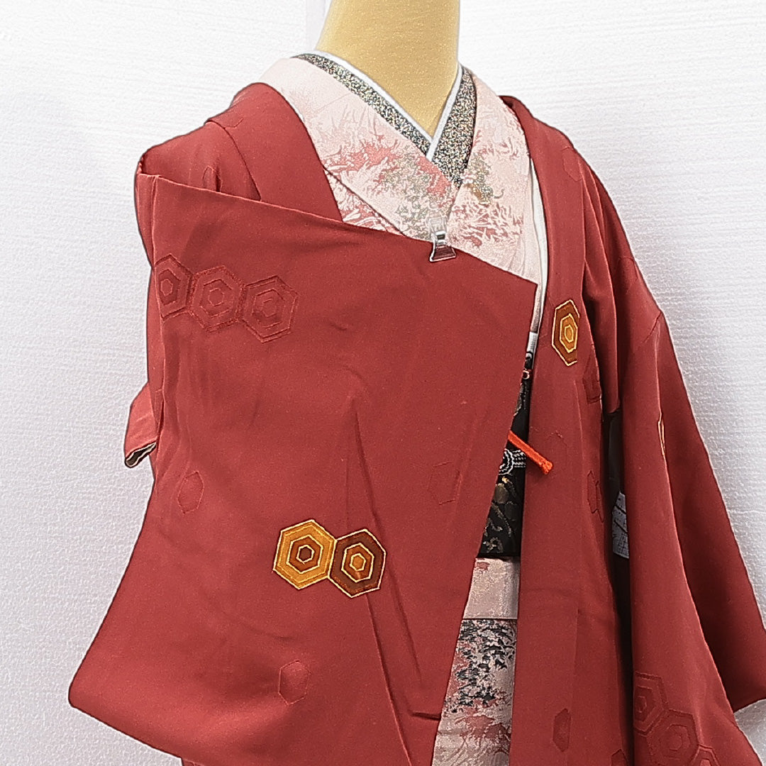 羽織 袷 身丈79cm 裄丈62cm 正絹 Sランク カジュアル Sサイズ 紐あり 亀甲 赤系 RP 1232-15273