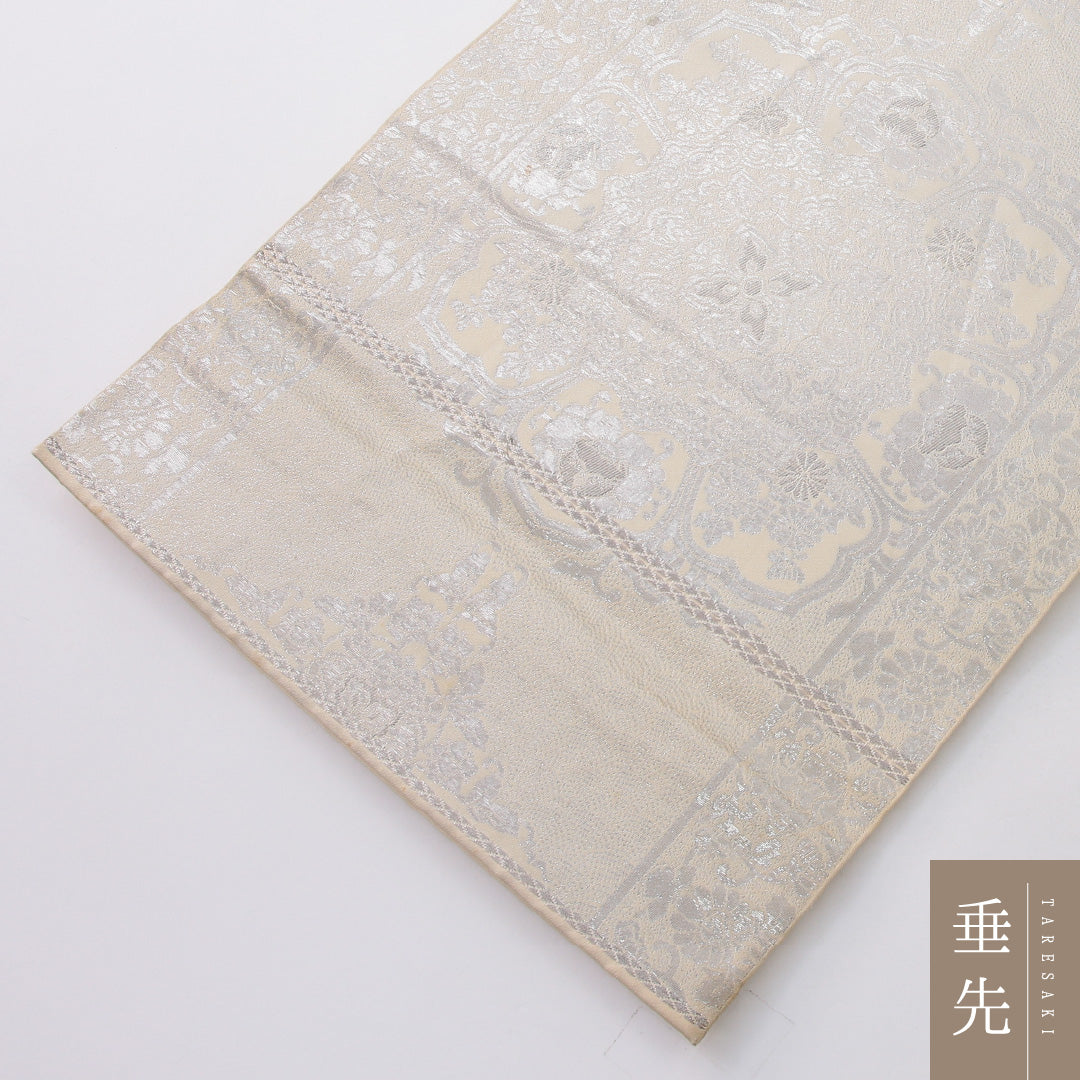 袋帯 帯丈412cm フォーマル 六通 帯芯なし Cランク 正絹 宝相華 クリーム系 1223-02233