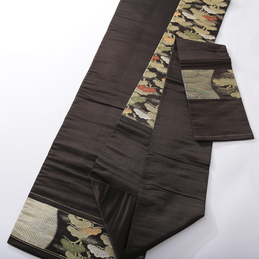 九寸名古屋帯 帯丈338cm インフォーマル 名古屋仕立て 六通 Sランク 正絹 波頭 笠松 茶系 黒系 1224-03915