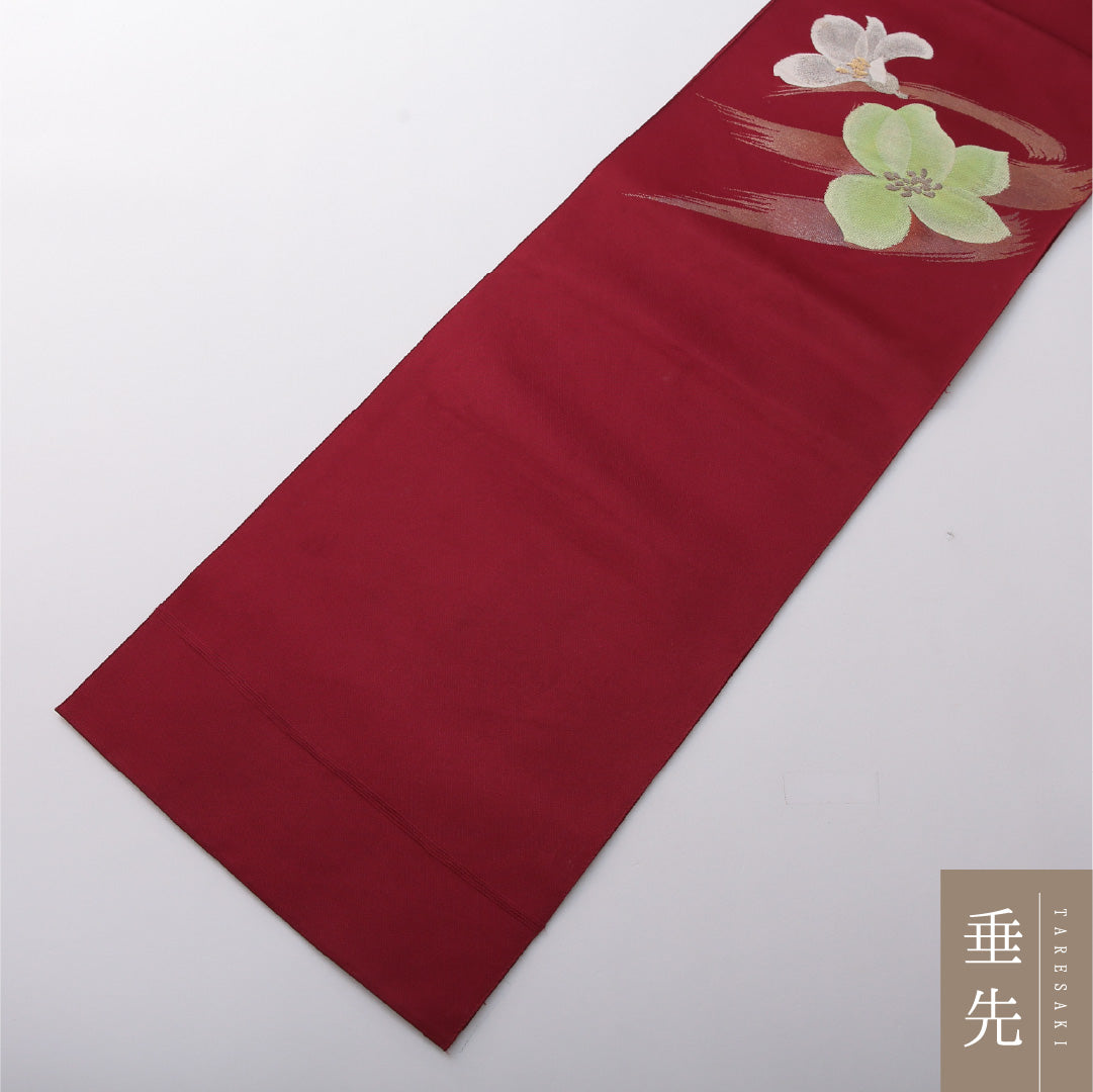八寸名古屋帯 Cランク 帯丈344cm 正絹 ポイント柄 開き仕立て 織り インフォーマル 綴れ織 芙蓉 赤系 HP 1245-03522