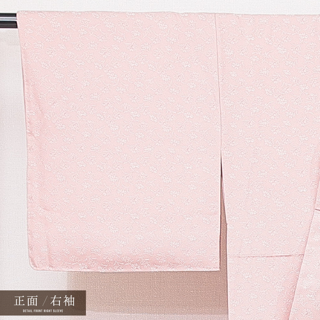 小紋 袷 身丈150cm 裄丈62cm 正絹 Sランク 一つ紋 (剣片喰) セミフォーマル 広衿 Sサイズ 花柄 ピンク系 RP 1221-15046