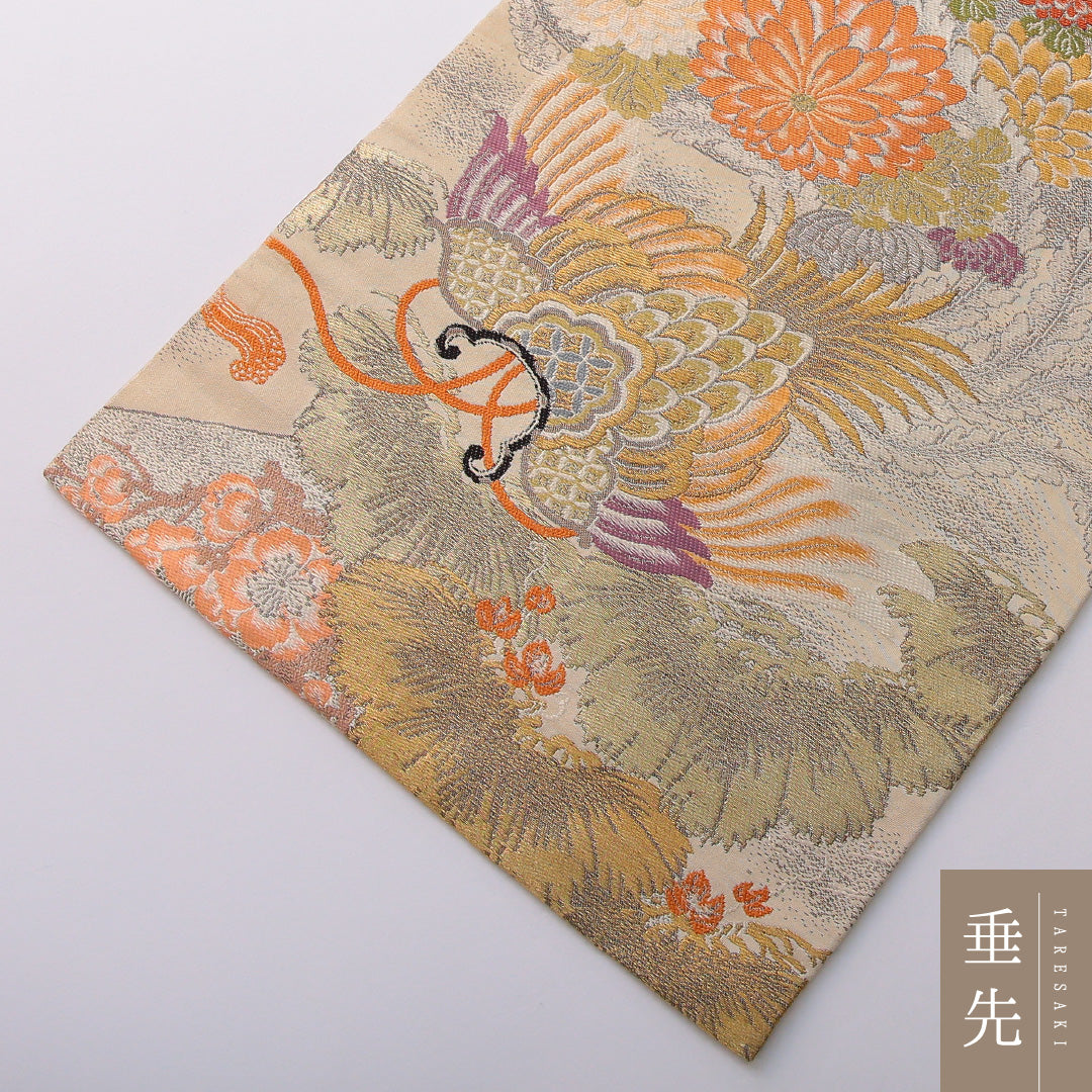アンティーク 九寸名古屋帯 帯丈341cm セミフォーマル 名古屋仕立て 全通 Aランク 正絹 吉祥文様 桐 クリーム系 1224-03525