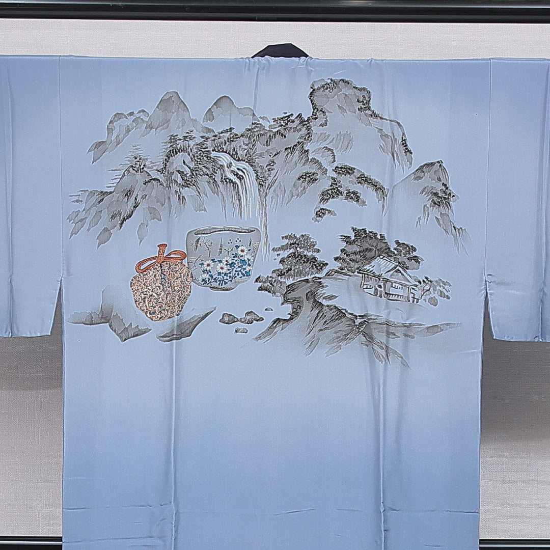 長襦袢 男性用 無双袖 身丈144cm 裄丈69cm 正絹 Cランク Lサイズ 茶道具 山水 水色系 LP 1241-16722