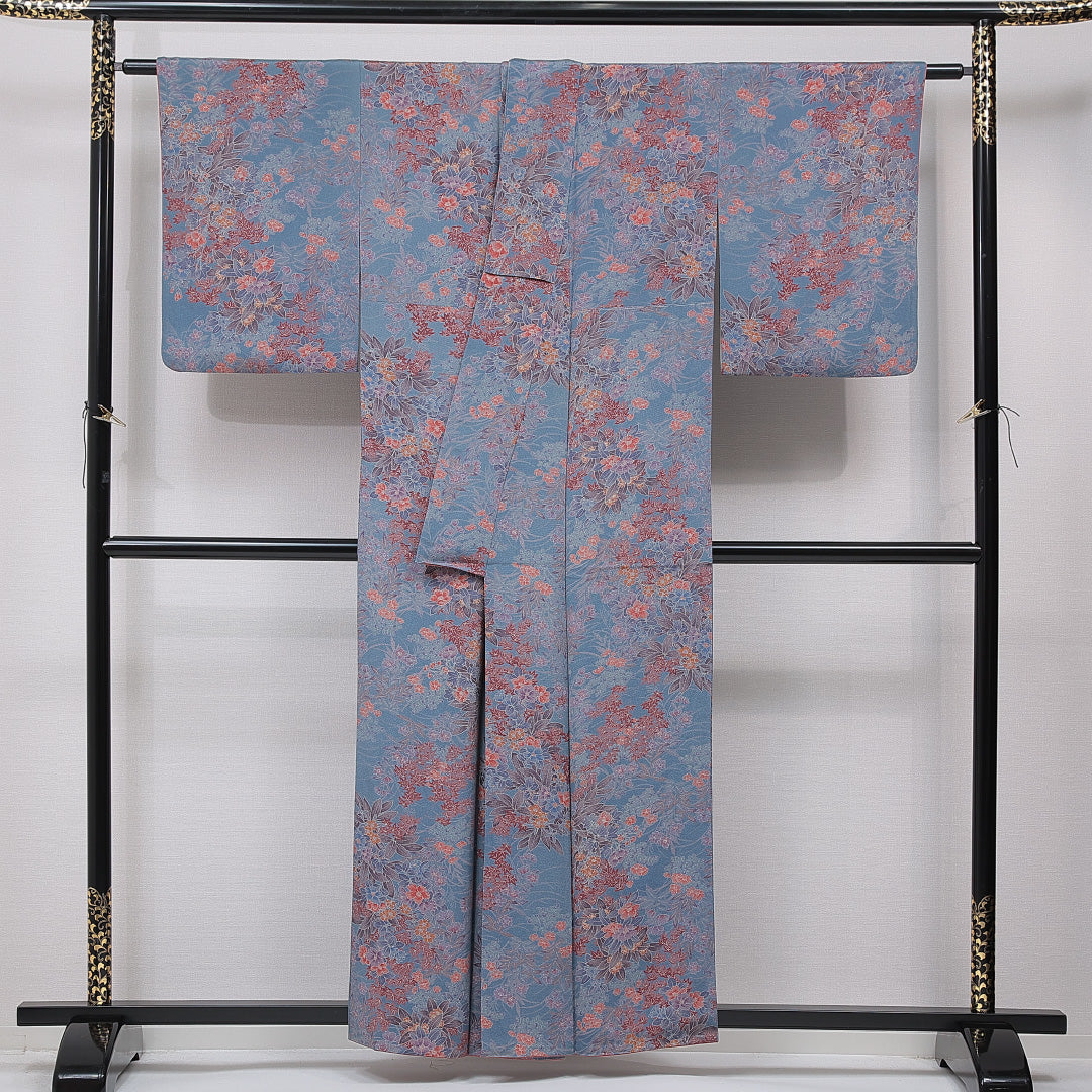 小紋 袷 身丈154cm 裄丈63cm 正絹 Sランク インフォーマル 広衿 Sサイズ 桜 紅葉 青系 RP 1221-15597