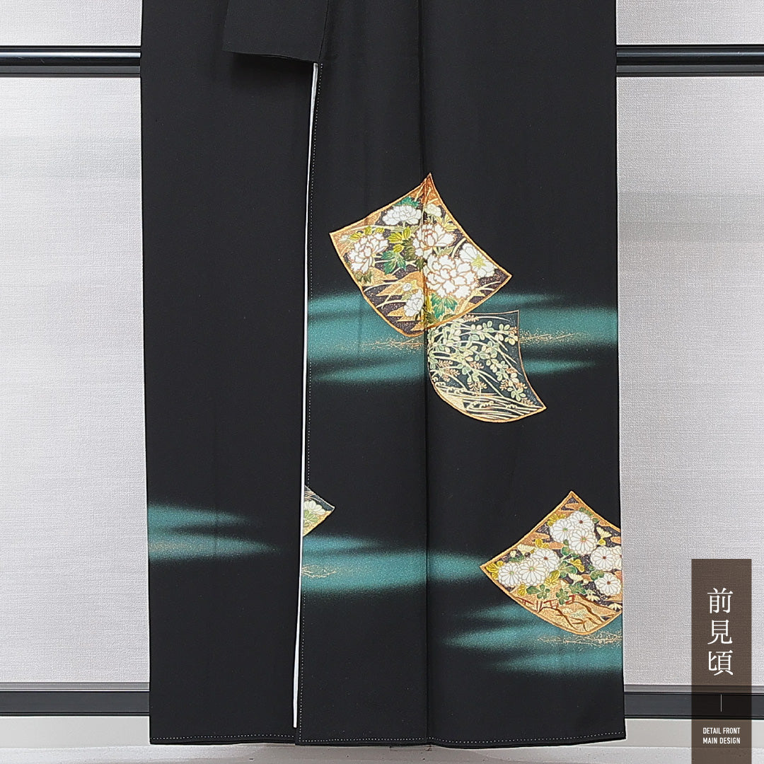 黒留袖 袷 身丈155cm 裄丈62cm 三つ紋 三つ橘 フォーマル Bランク Mサイズ 正絹 比翼仕立て 広衿 牡丹 金駒刺繍 1211-F0681