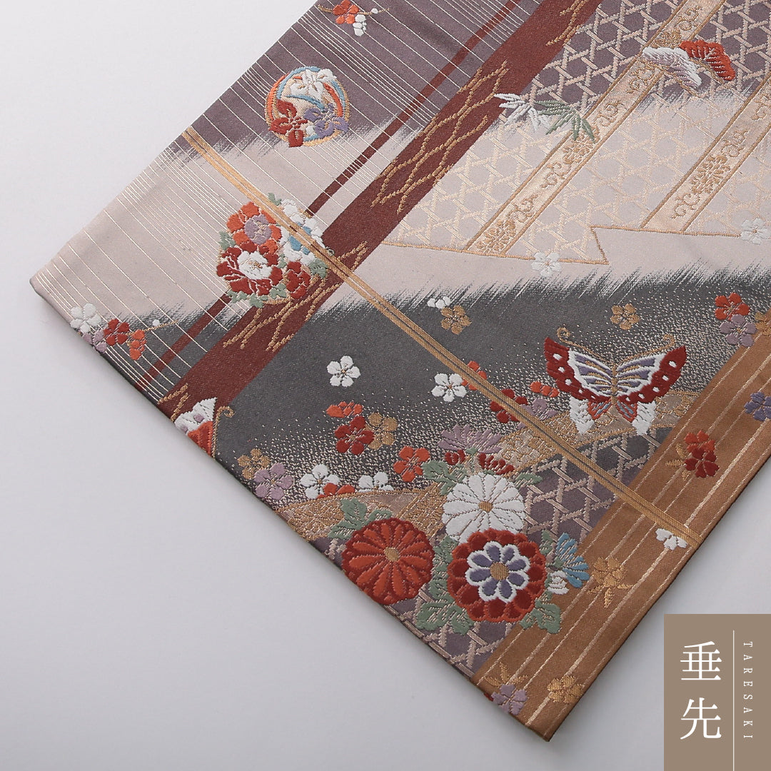 振袖用 袋帯 帯丈436cm 正絹 六通 蝶 光悦垣 吉祥文様 多色系 1243-02114