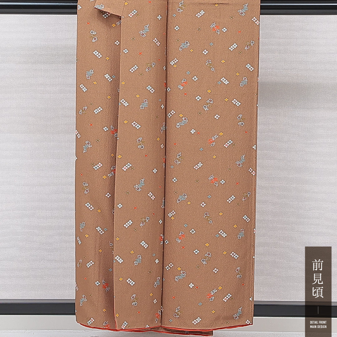 小紋 袷 身丈156cm 裄丈62cm 正絹 Sランク インフォーマル バチ衿 Mサイズ 花菱 梅 茶系 RP 1221-15889